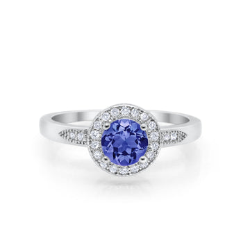 Halo Art Deco Engagement Ring Round Simulated Tanzanite CZ 925 Sterling Silver